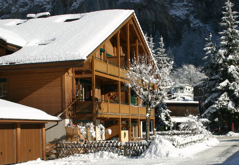 Chalet in Winter. Easy access to Mürren/Wengen Ski resorts. Free ski bus stops outside with regular services throughout the day and evening.