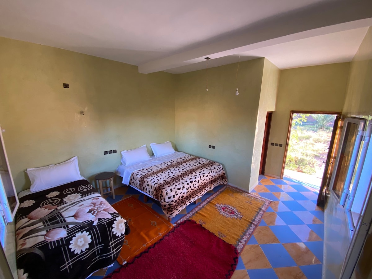 A simple yet spacious room is furnished with two large beds covered in patterned blankets. The walls are painted a soft green, and a combination of patterned tiles and colorful rugs enhances the floor. Natural light enters through an open door leading to the outdoors.