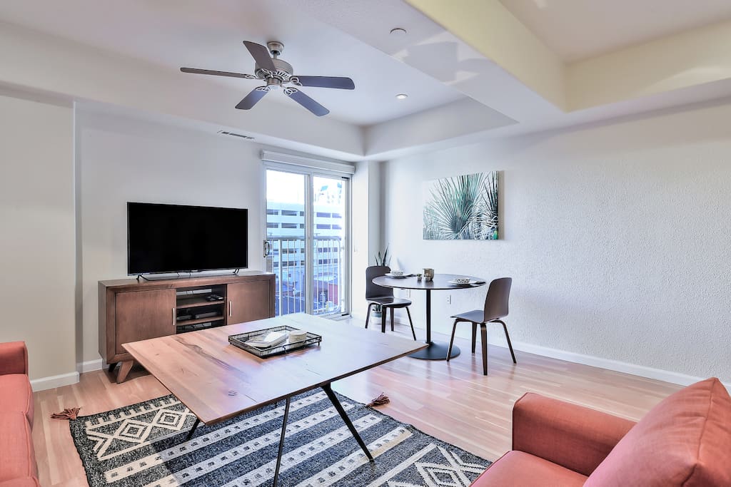 Living room accented by a spacious floor plan.