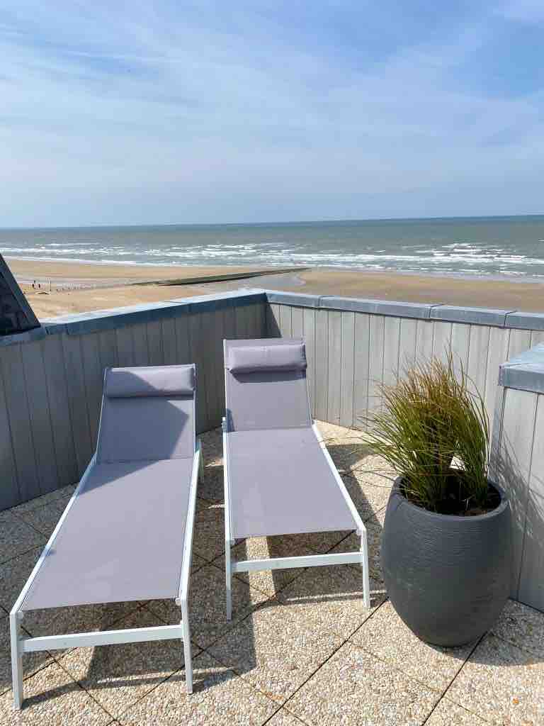 Two lounge chairs are positioned on a terrace overlooking the beach. A decorative planter with greenery adds a touch of nature, while the ocean waves gently lap at the shore under a clear blue sky.