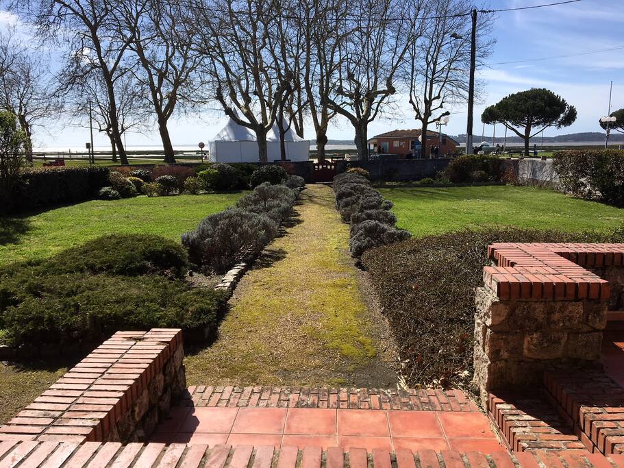 Vue sur le jardin depuis la terrasse, le bassin est juste derrière.