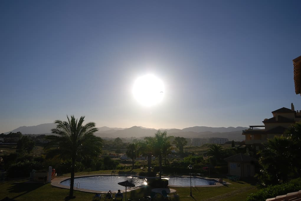 Large terrace overlooking the pool. Beatiful view of sunset.