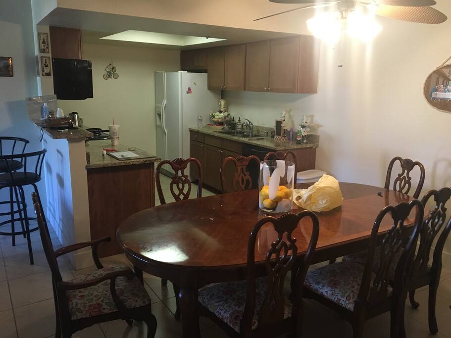 Large dining table and bar for comfort!