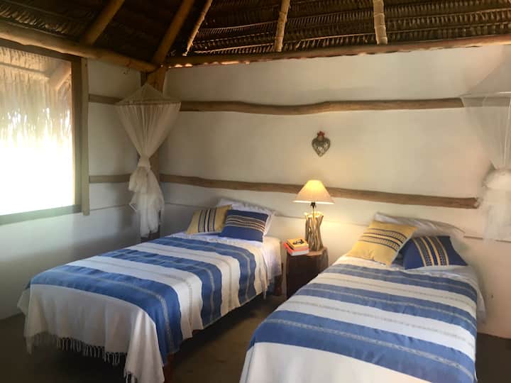 Casita Nik有2张单人床、蚊帐、吊扇和泳池景观。