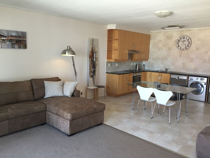 Chumba cha kupumzikia chenye nafasi kubwa na jiko la mpango wa wazi