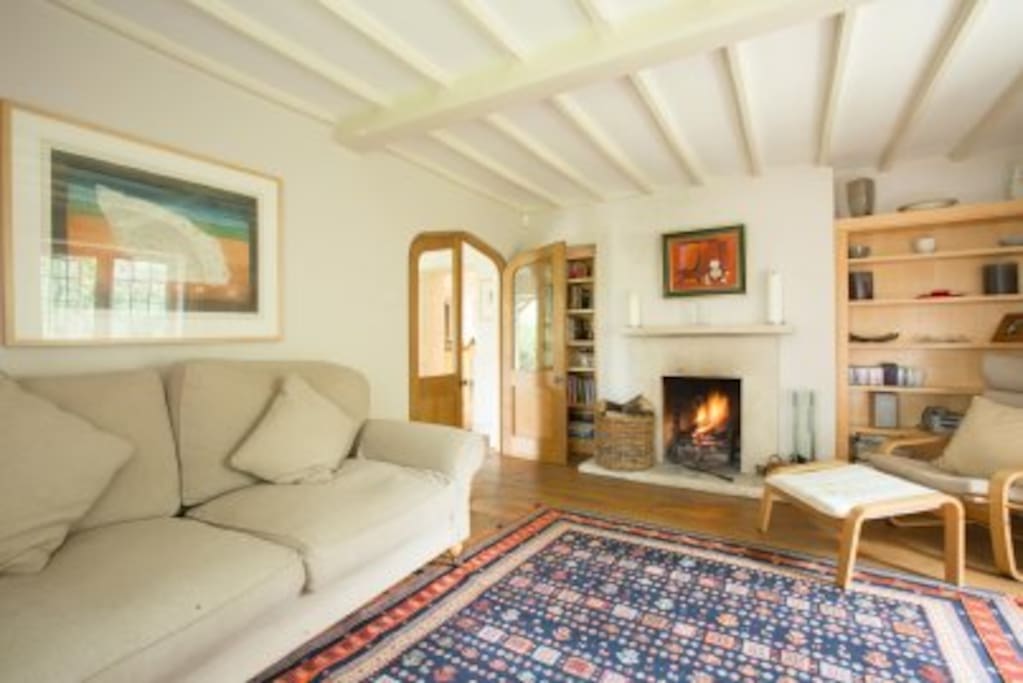 Cozy living room with open fire