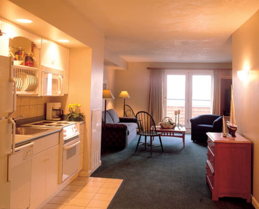 Fully equipped kitchen: fridge, oven/stovetop, microwave, amenities