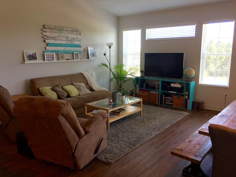 These comfy recliners will make you want to take them home with you! Our couch is also a futon and folds out into a bed for a 5th sleeper.