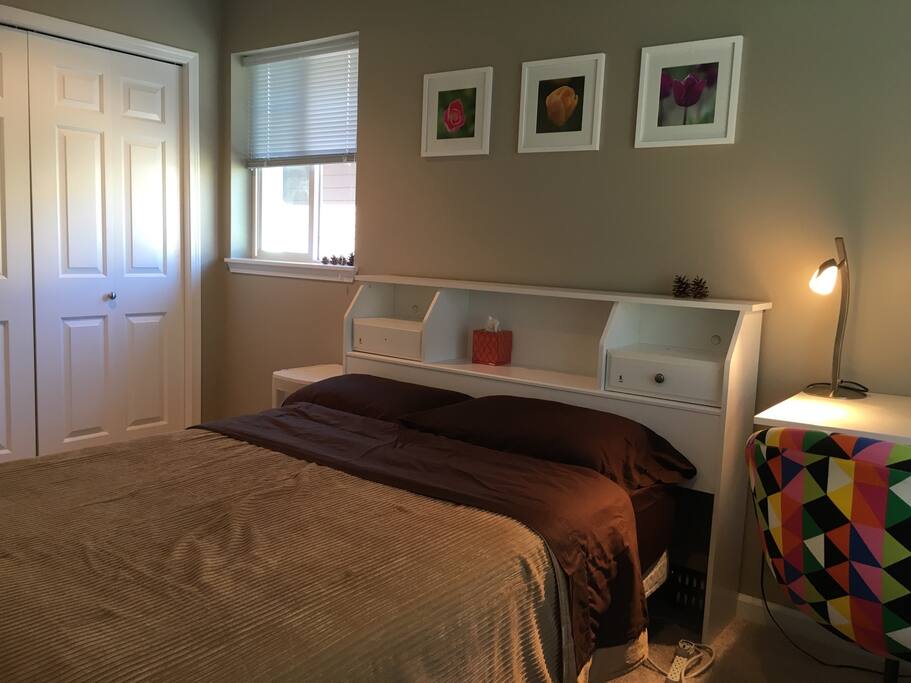 New full size bed with memory foam mattress. Very comfortable.