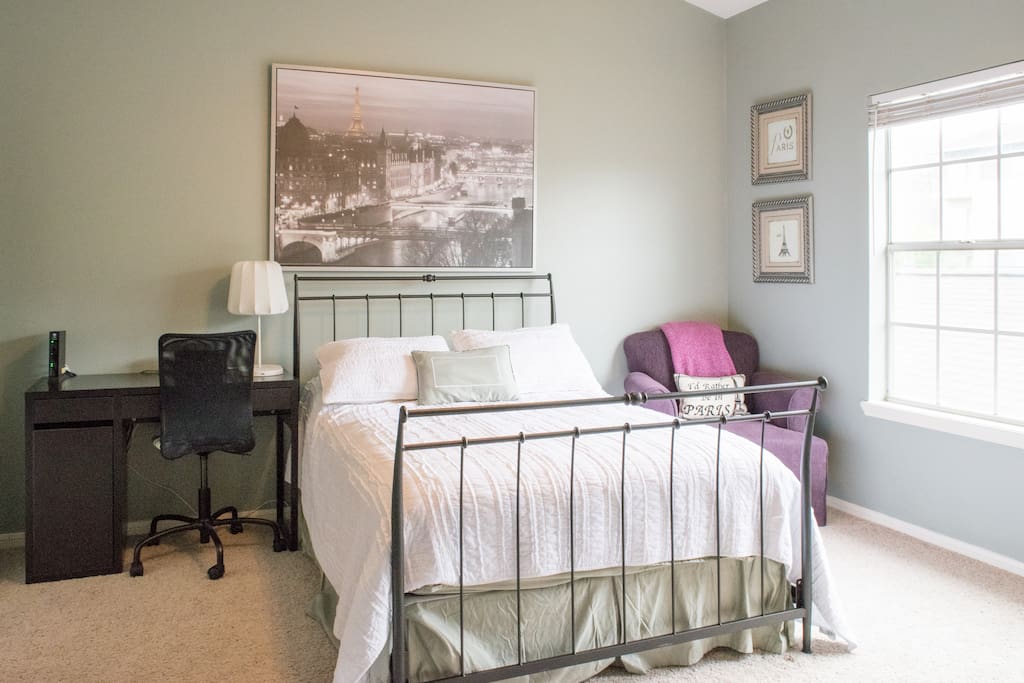 Super comfortable full bed with desk area and chair
