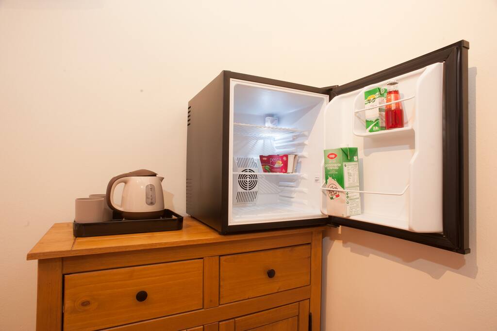 Fridge and kettle in the room