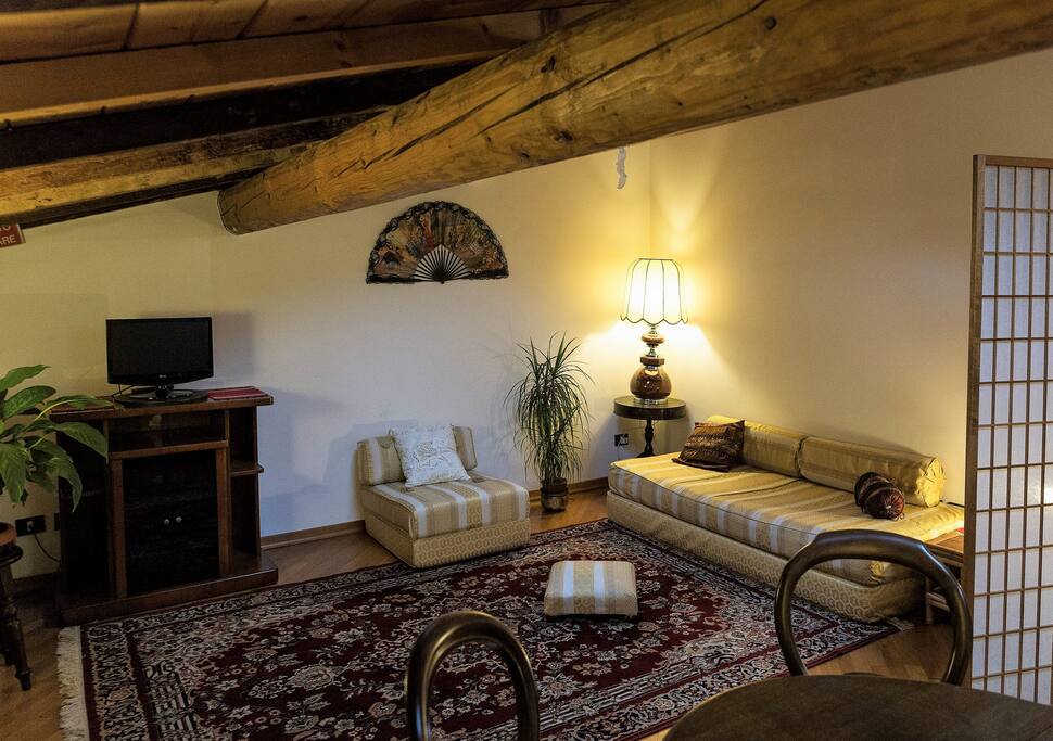 Bright mansard in Florence
Large living room with 2 sofa / bed:
1 double and 1 single, dining table. Free WiFi, TV.