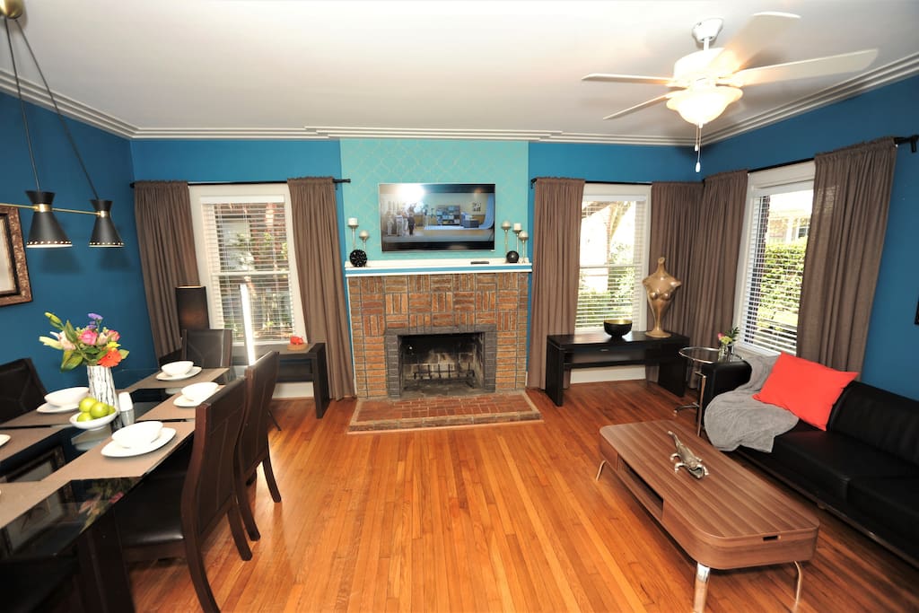 View toward fireplace and windows overlooking courtyard.