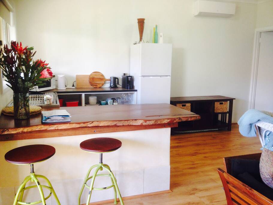 Kitchenette, with microwave, induction hotplate,electric frypan, toaster,kettle,coffee machine, fridge.