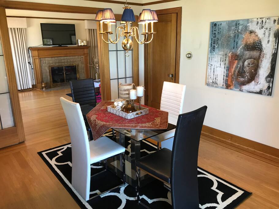 Big dining room with artworks from around the world