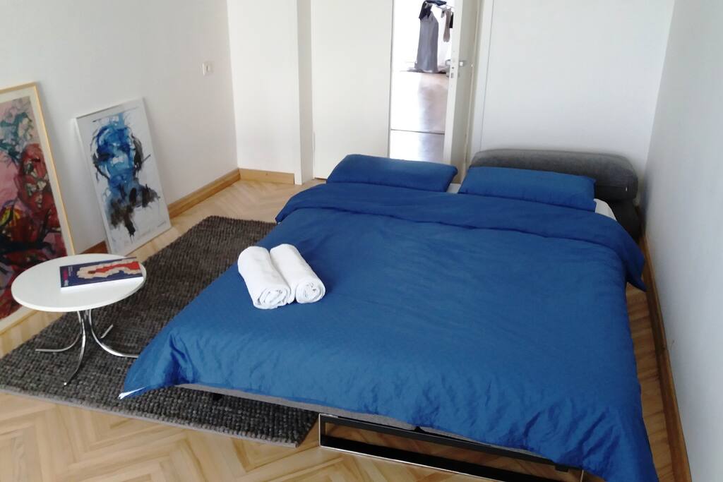 Double pull-out bed (155x200cm; 61x78inch) with soft pillows and nice bed linen in your room.