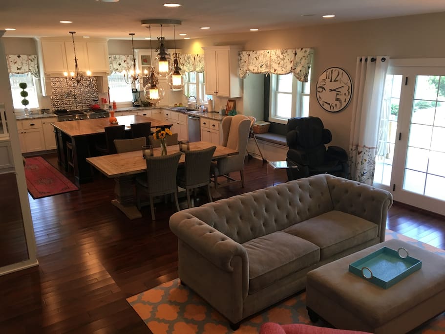Great room on main floor with large kitchen.