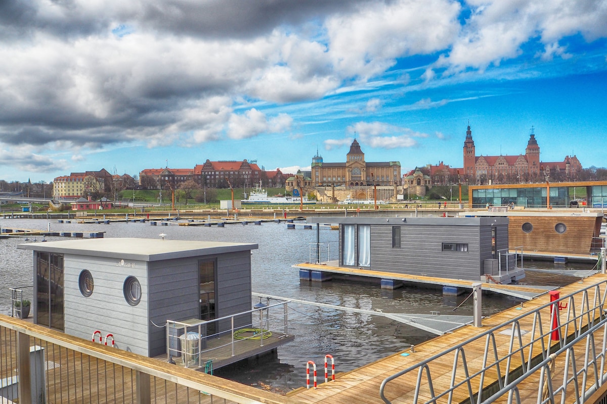A scenic view of houseboats docked along the waterfront, showcasing their modern designs against a backdrop of historical buildings. The calm water reflects the sky, while the marina features wooden walkways connecting the boats. Cloud patterns add depth to the serene atmosphere.