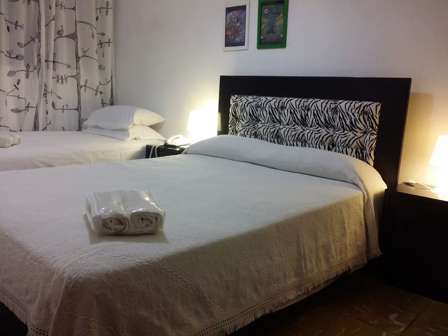 Recámara 2 con dos camas, una matrimonial y otra personal, aire acondicionado, TV, teléfono, decoración agradable, 110-220V con tomacorrientes universales.