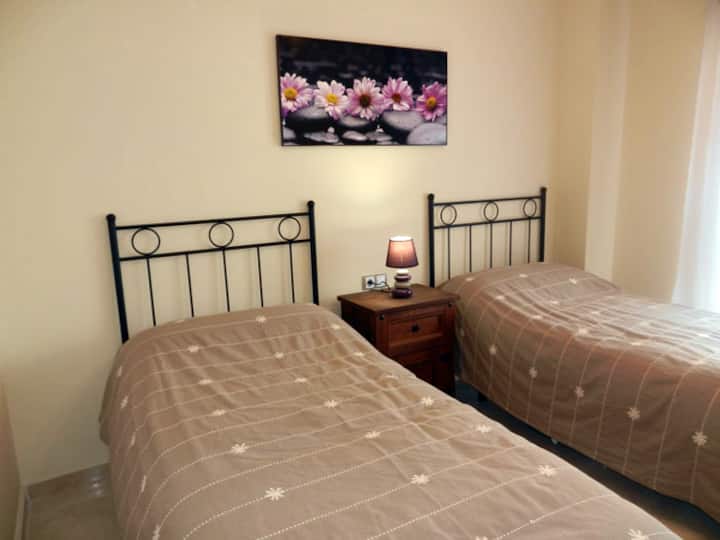 Habitación de invitados con dos camas individuales y armario con ventanas francesas de doble cristal.