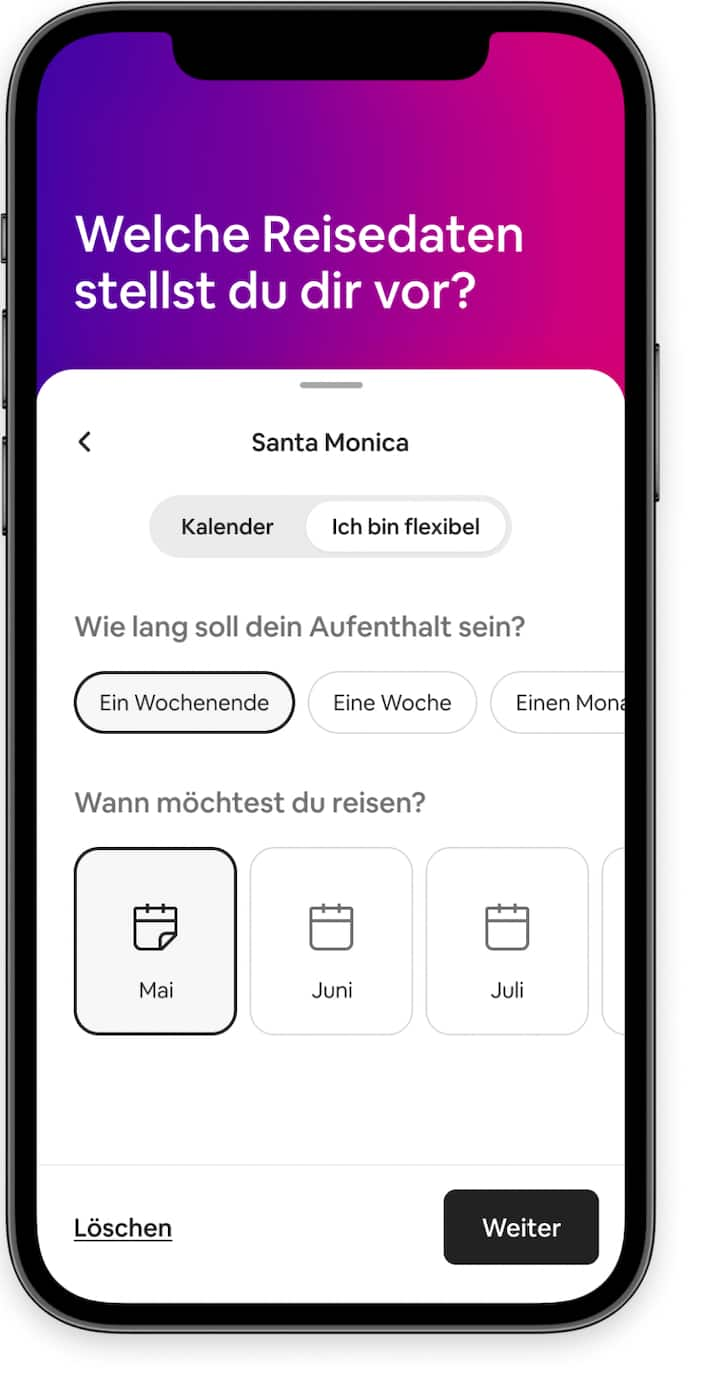 Mit der flexiblen Datumssuche kannst du in der Airbnb-App Unterkünfte nach allgemeiner Aufenthaltsdauer und Monat auswählen.