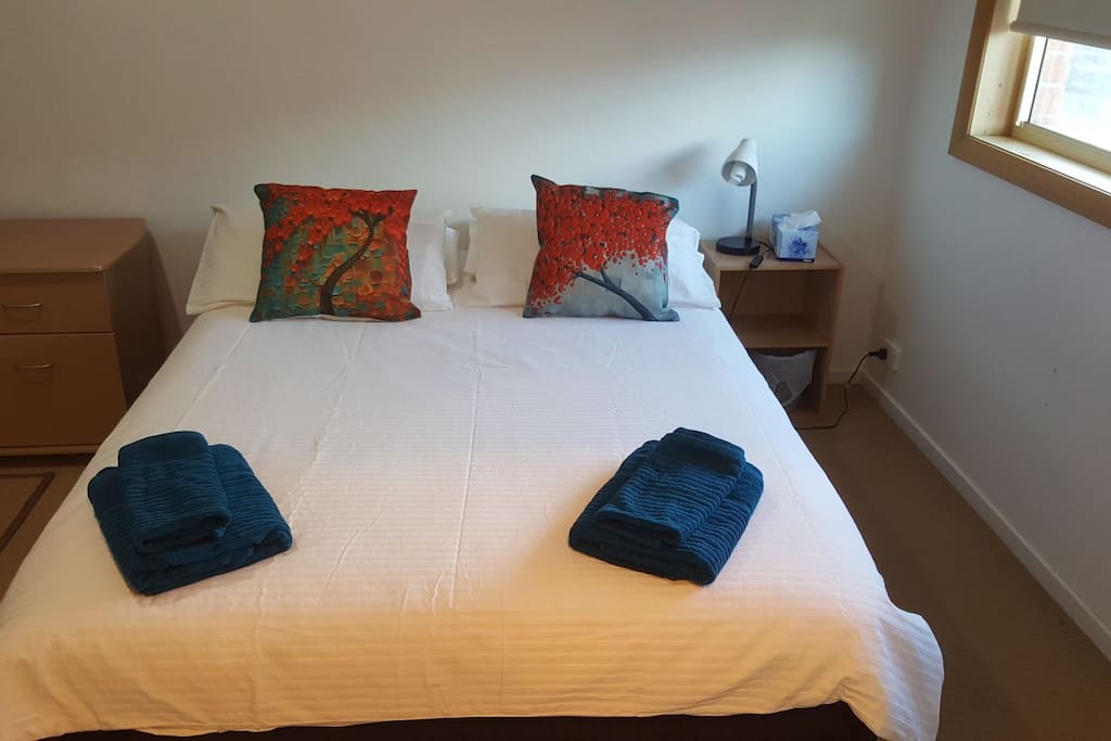 Double bed with 4 pillows and 2 cushions, bedside table and lamp. Towels on bed