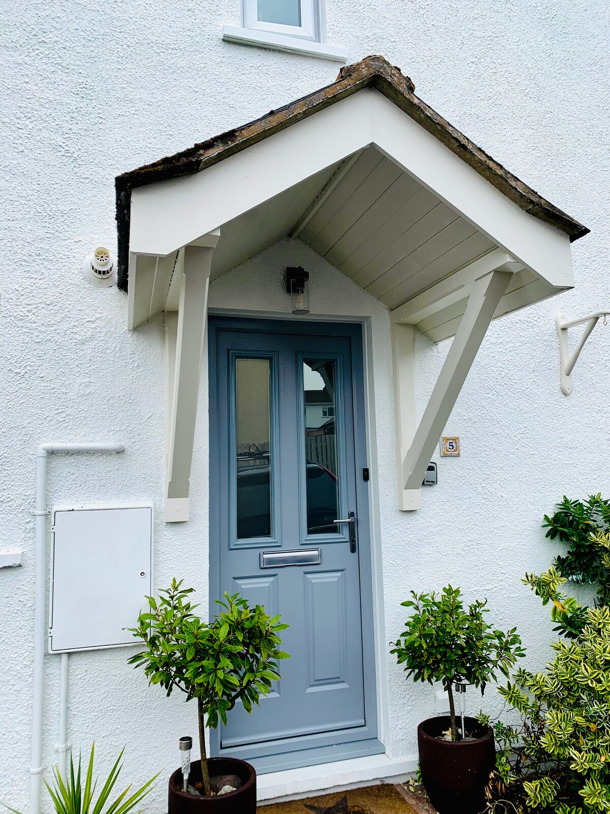A welcoming entrance features a blue front door set beneath an overhanging roof. Flanking the doorway, two potted plants provide a touch of greenery. The exterior walls are painted white, enhancing the bright appearance of the entryway.