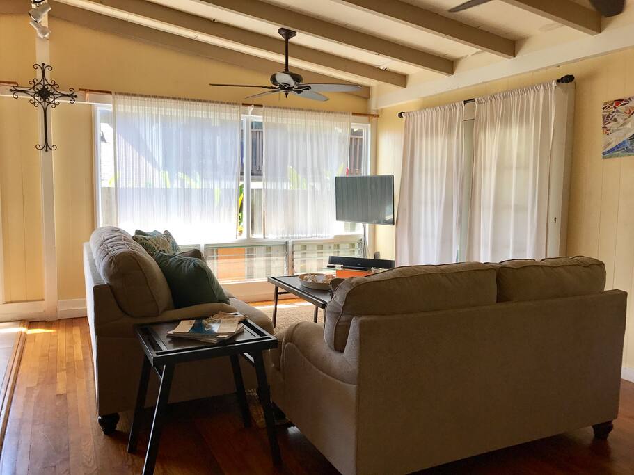 Large TV with Apple TV and surround sound