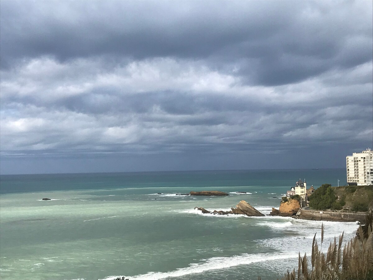 A scenic view of the coastline features gentle waves lapping at the shore, with rocky outcrops visible in the water. The sky is filled with light gray clouds, and the expansive ocean varies in color from turquoise to deep blue. Coastal buildings are faintly visible in the distance.