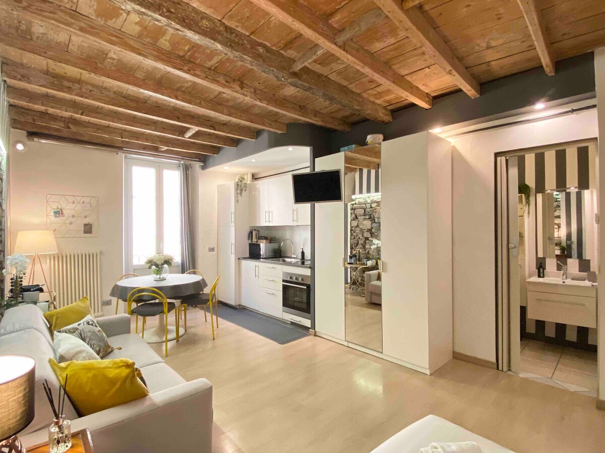 A bright open space is presented, featuring a modern kitchen equipped with essential appliances. Dining furniture is positioned near a window, allowing natural light to enter. Exposed wooden beams enhance the character of the room, while a sliding mirror door grants access to the bathroom area.