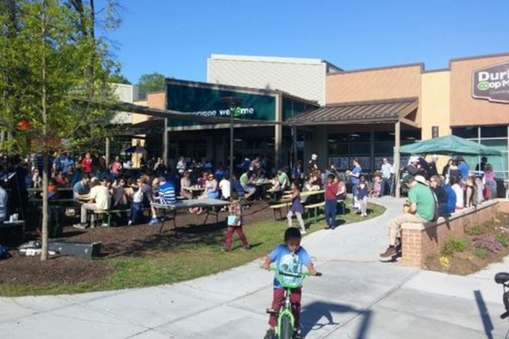 Durham Co-op Market is ACROSS THE STREET!! Organic, local, healthy food, with a hot bar for breakfast, lunch dinner.