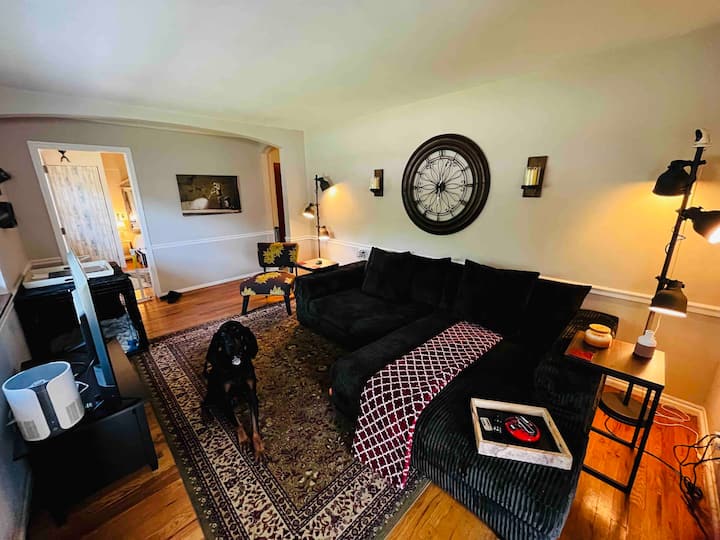 [مساحة مشتركة] ما تراه عند وصولك من الباب الأمامي: غرفة المعيشة. يمارس نيت مهاراته الترحيبية.