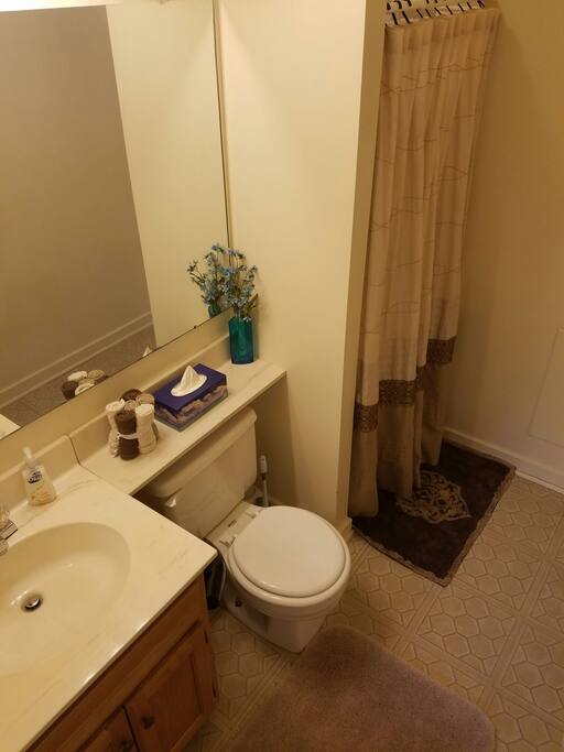 Private en suite master bathroom with shower. Don't share a bathroom with a total stranger just to save a couple bucks! Lots of extra supplies in the medicine cabinet in case you forgot something.