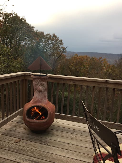 Warm up on the deck. Enjoy the view of Lookout Mountain.