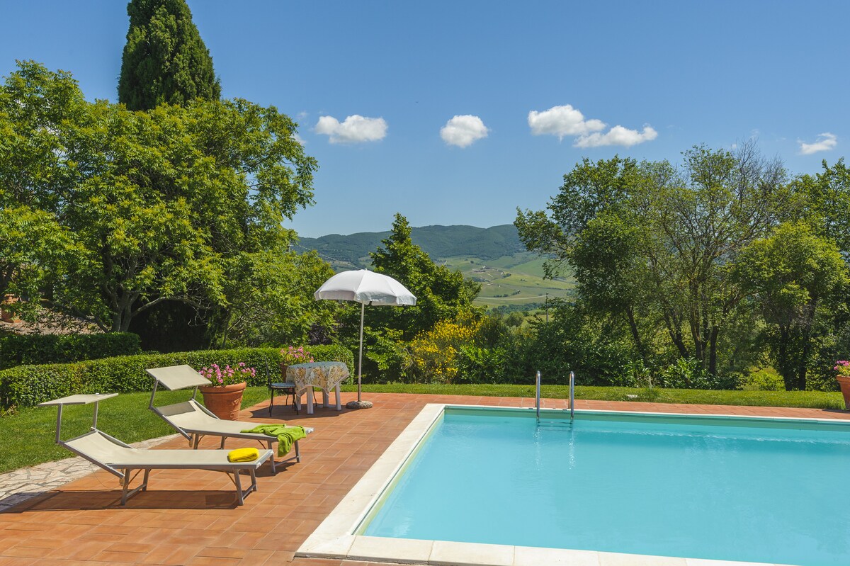 A landscaped outdoor area features a clear swimming pool surrounded by sun loungers and a shaded umbrella. Lush greenery and trees create a natural backdrop, while rolling hills are visible in the distance under a bright blue sky with a few clouds.