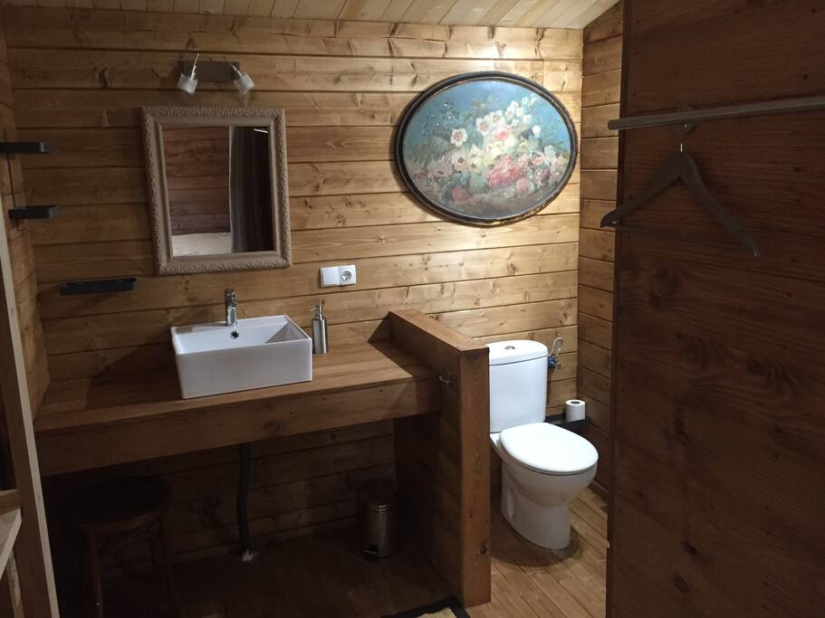 El cuarto de baño con lavabo, ducha y aseo