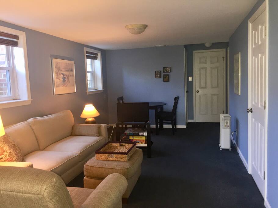 The living room with a small space heater, if needed.