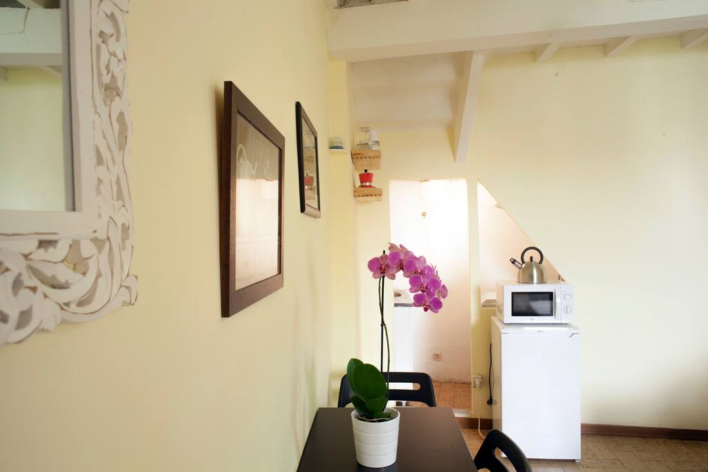 Living room with sofabed for 1 person, window, table and chairs. The wooden ceiling is original from the XVI century.