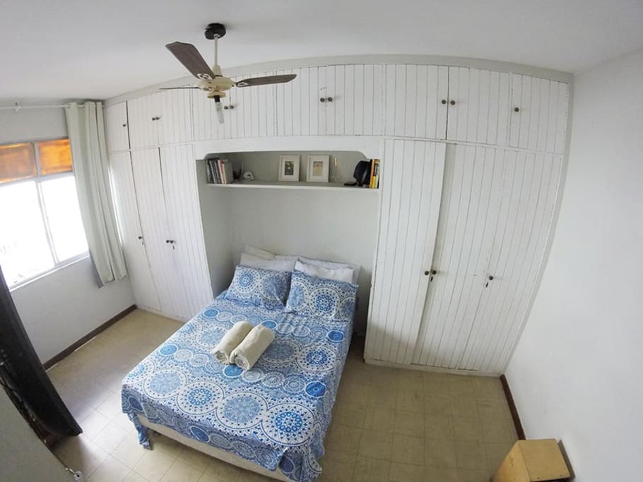 The bedroom, with a spacious bed for 2
