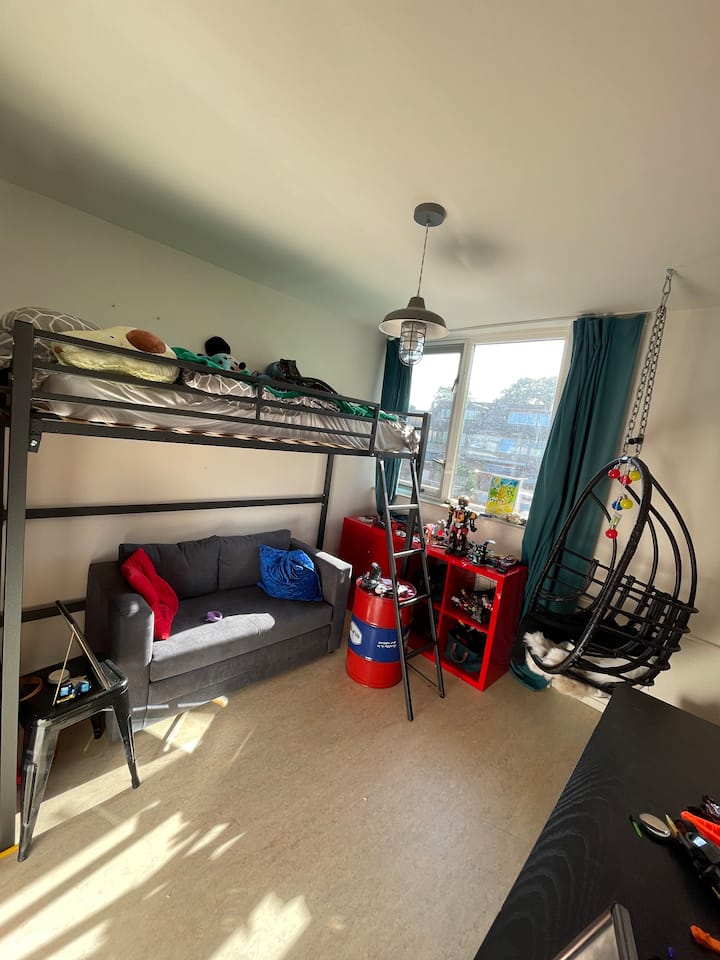 Chambre pour enfants avec lit semi-haut (90x200) et sous un canapé-lit.