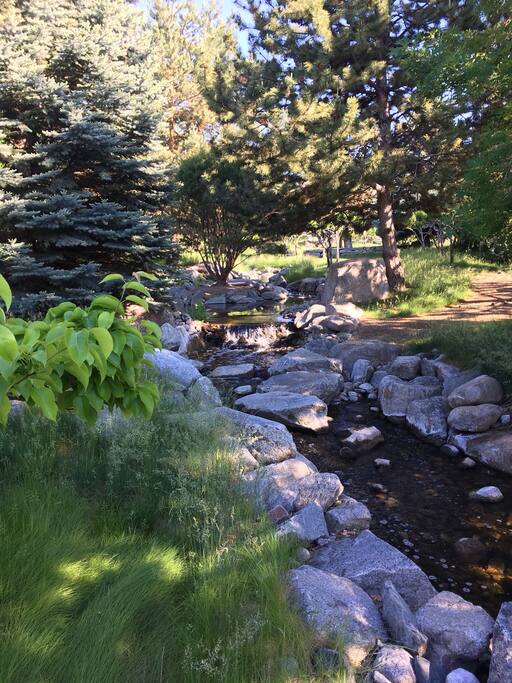 A creek with waterfalls running through the backyard
