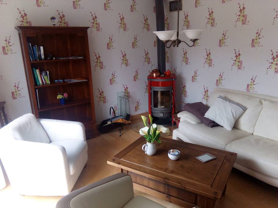 Wohnzimmer mit Schwedisch Kamine und große Fenstertür auf der Südseite.