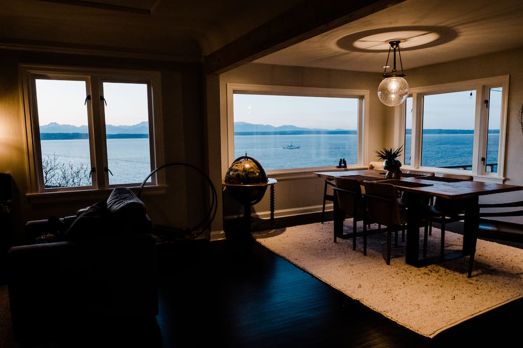 Truly stunning western views of Puget Sound towards Bainbridge Island, with the Shilshole Marina below. The Olympic Mountains are visible on a clear day