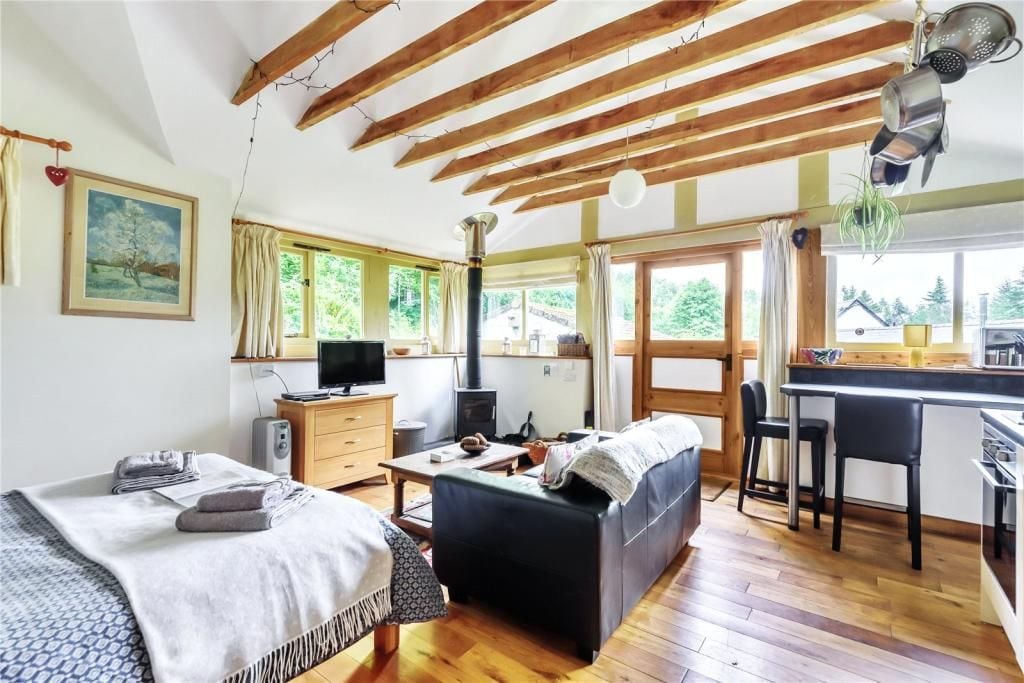 The interior of the chalet is characterized by wooden beams and natural light from multiple windows. A cozy seating area includes a dark sofa and a coffee table. A television is positioned across from the seating, with a small kitchenette visible in the background.