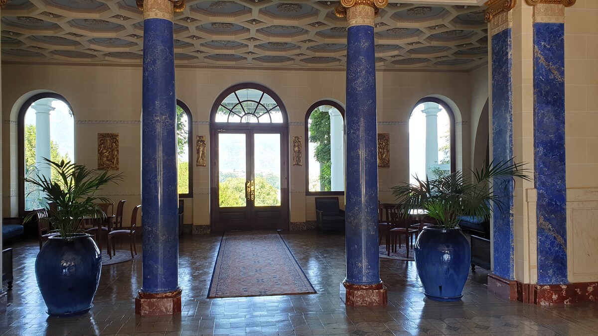The entrance hall features high ceilings with ornate designs, large arched windows, and two blue planters. A decorative rug runs along a central corridor, bordered by marble columns with intricate gold details.