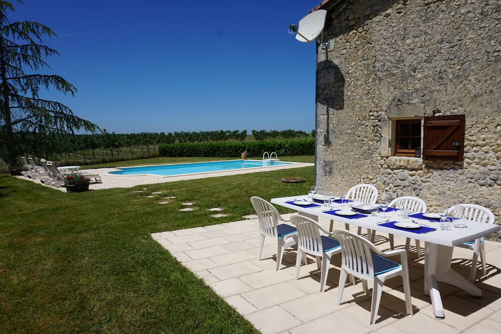 Outdoor dining terrace and pool