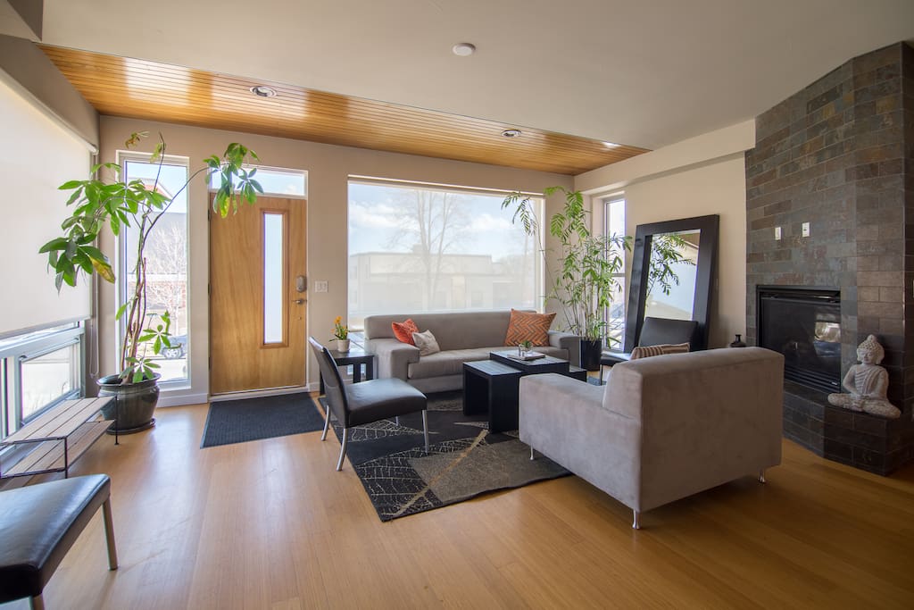 Our home features three levels, plus a rooftop deck.