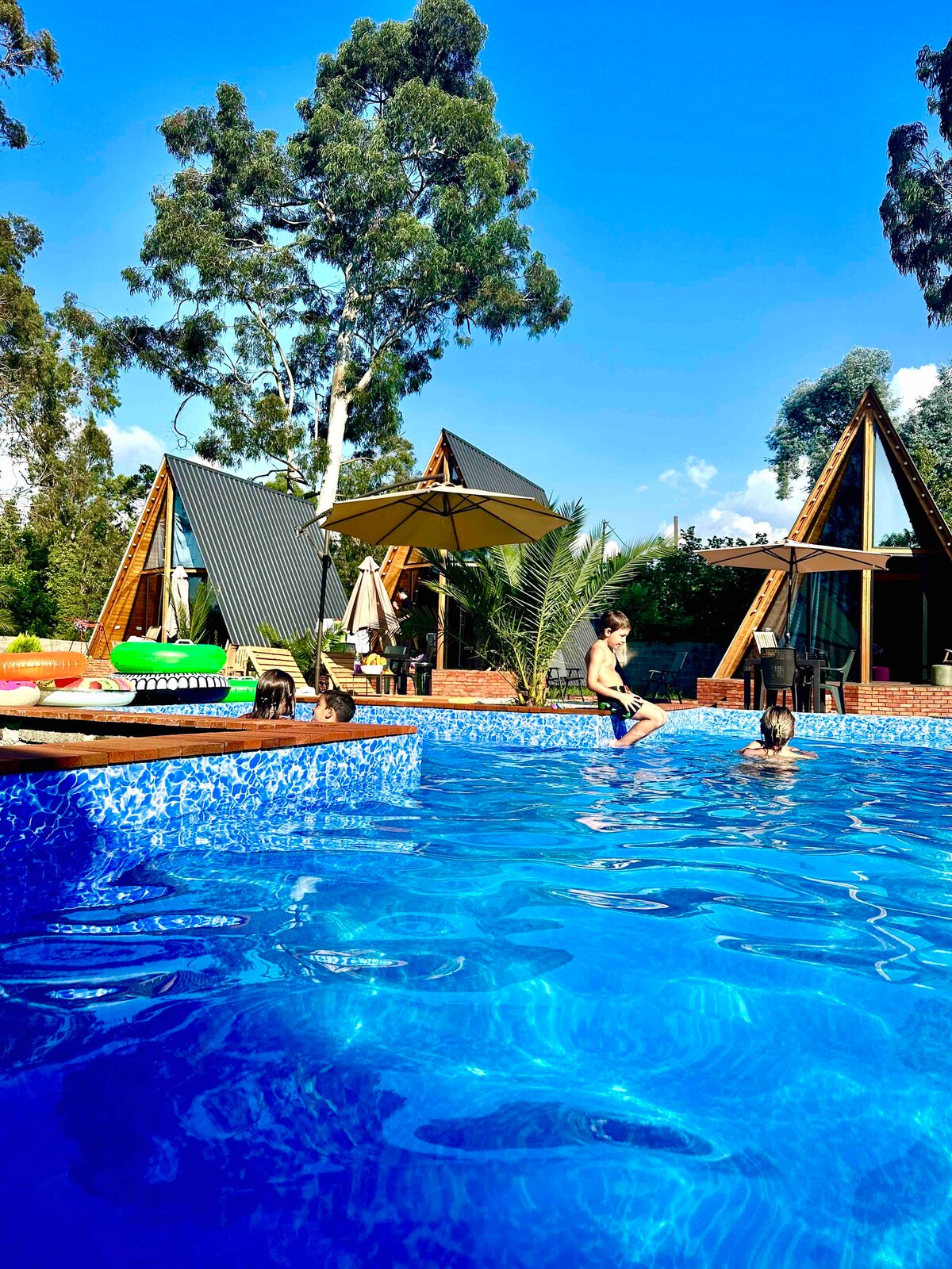 A crystal-clear pool is surrounded by four cottages, each featuring triangle roofs, situated amid eucalyptus trees. Colorful pool floats are positioned on the water's surface, while umbrellas provide shaded areas on the deck. The sky is bright blue, enhancing the tranquil outdoor setting.
