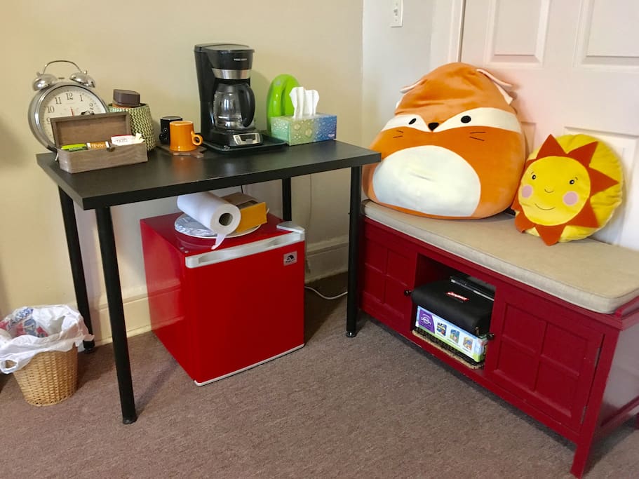 Mini fridge, coffee maker, electric kettle, board games.