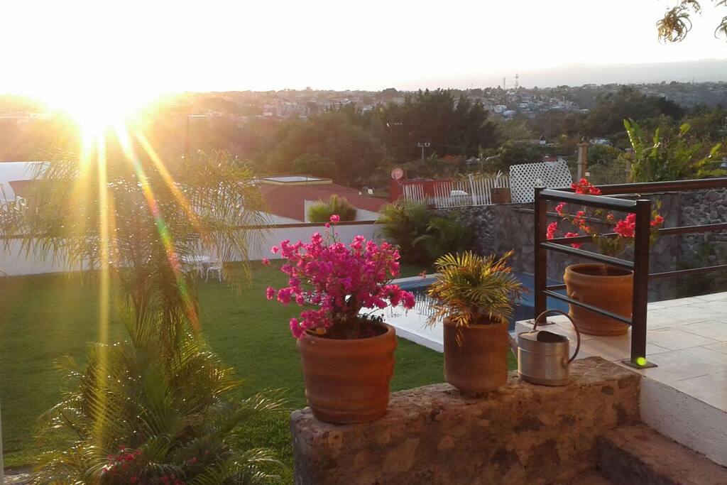 vista al área de jardines desde el estacionamiento